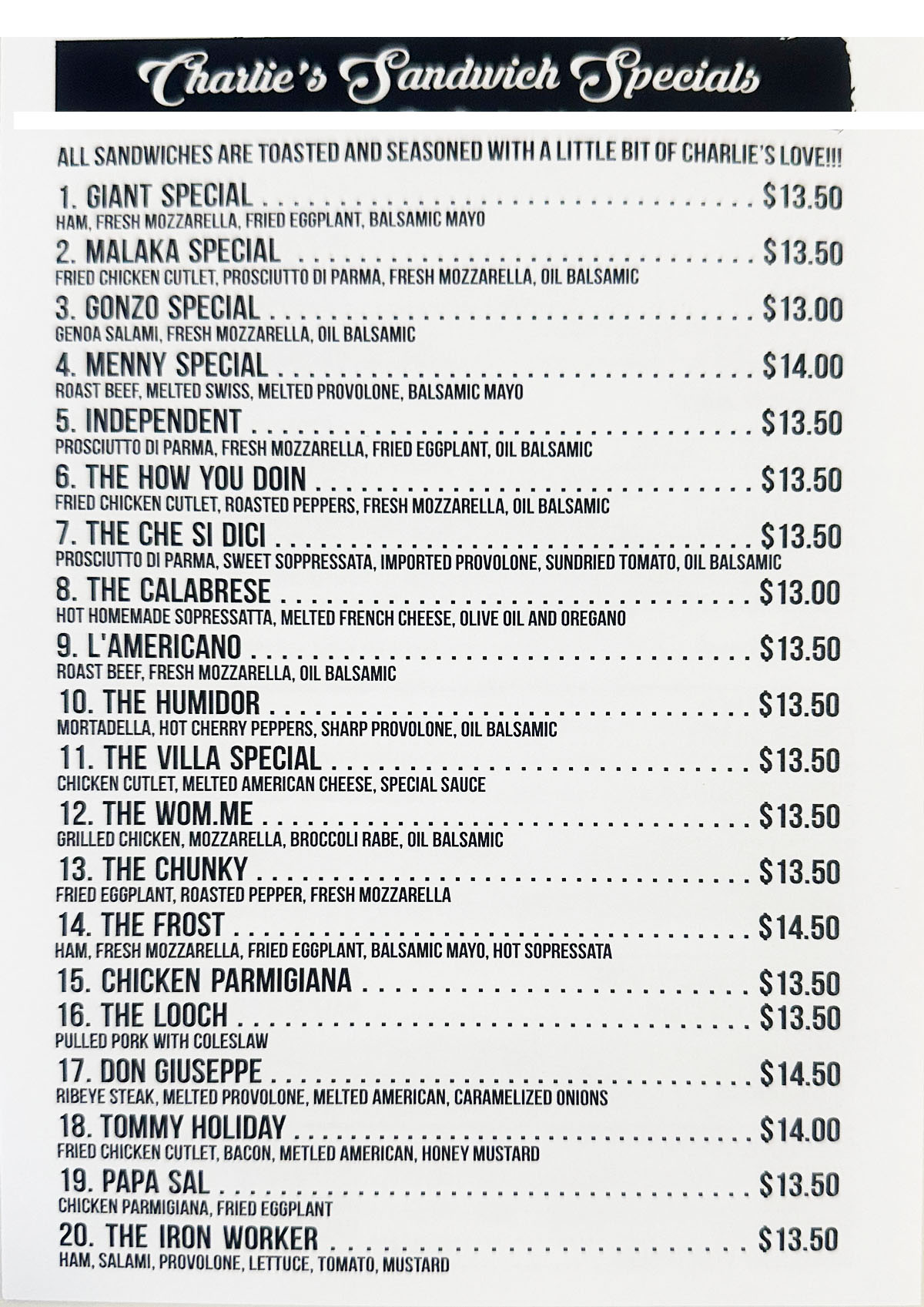 Charlie's Sandwich Shop Menu